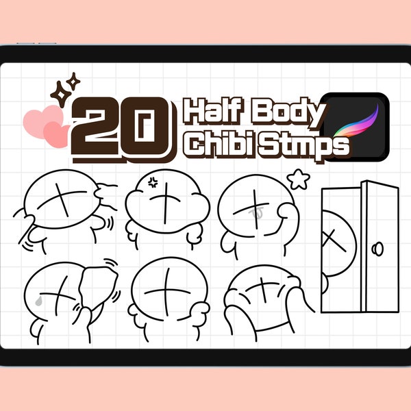 20 Chibi Half body Pose Stamps for Procreate, Kawaii Chibi character brush, Discord emotes, Figure, Procreate Brushes set, Procreate stamps