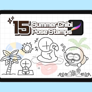 Procreate サマーポーズスタンプブラシ - アニメキャラクターの描画に最適なかわいいちびビーチエモートセット（15ポーズ）