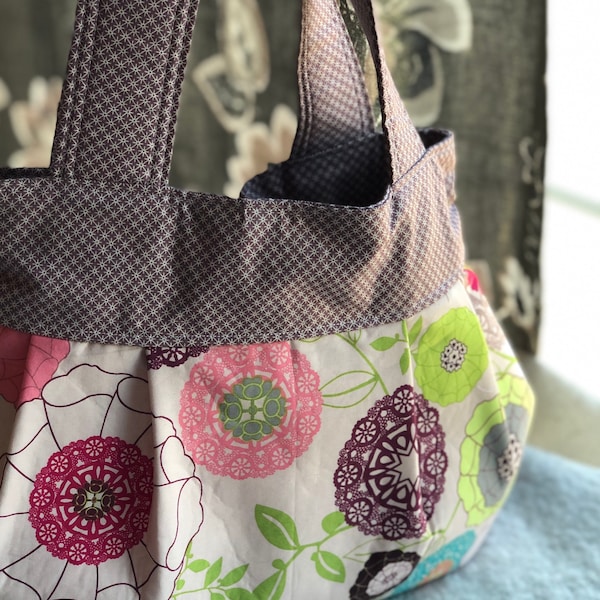 Pink Blush Doily Pleated Handbag| Pink Purple Lime Green Floral Pleated Tote