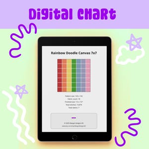 May include: A digital chart displayed on a black tablet. The chart is a rainbow-colored grid labeled "Rainbow Doodle Canvas 7x7." The text "Digital Chart" is at the top. The background is light green with purple doodles and stars.
