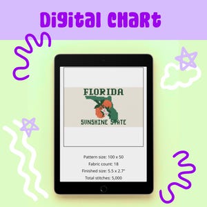 May include: A digital chart displayed on a black tablet. The chart features the word "FLORIDA" above a pixelated image of the state with an orange and green design. Below, it reads "SUNSHINE STATE". The tablet is surrounded by purple and white doodles.