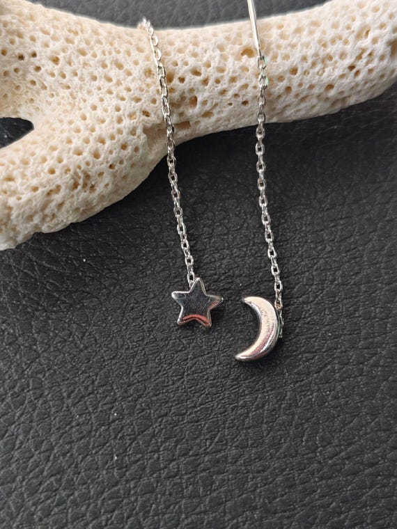 Sterling Silver Moon and Star Threader Earrings, Celestial Chain Dangle Earrings, Mismatched Asymmetrical Earrings, Dainty Astrology Jewelry