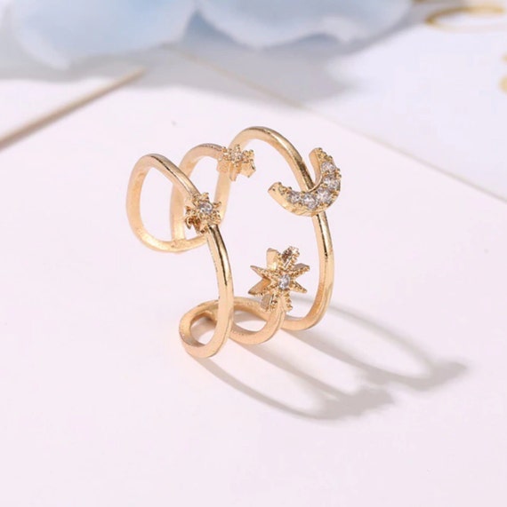 Gold and Silver Moon Star Ring, CZ Layered Moon Star Ring