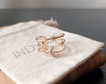 Gold and Silver Moon Star Ring, CZ Layered Moon Star Ring