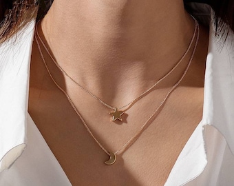 Silver Star Moon Necklace, Moon Star Layered Necklace, Gold Star Moon Pendant Necklace, Crescent Moon Pendant Necklace layering necklaces