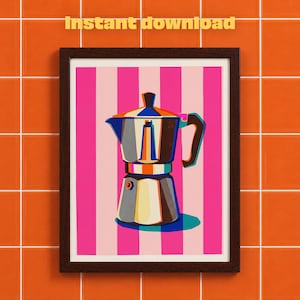 May include: A framed print featuring a colorful illustration of a stovetop espresso maker. The artwork has a pink and white striped background. The text "instant download" is at the top. The frame is dark brown, and the background is orange.