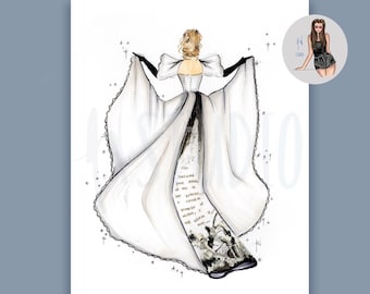May include: A black and white illustration of a woman wearing a white gown with a black and white patterned train. The gown has a large bow on the back and the woman is holding the train in her hands.