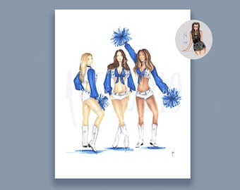 May include: Three cheerleaders in blue and white uniforms with pom-poms. The cheerleaders are smiling and posing in a group.