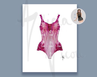 Stampa artistica di body rosa, stampa di illustrazioni di moda ispirate alle epoche