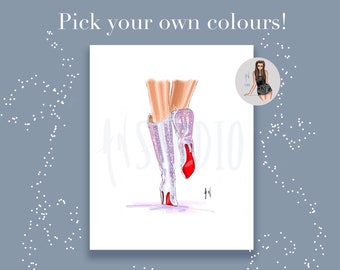 Custom Sparkle Boots Art Print: Fashion Illustration, Pick Your Colors