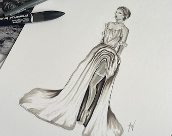 May include: A black and white illustration of a woman wearing a white gown with a long train. The gown has a ruffled neckline and a fitted bodice. The woman is wearing a garter belt and stockings. The illustration is done in a realistic style.