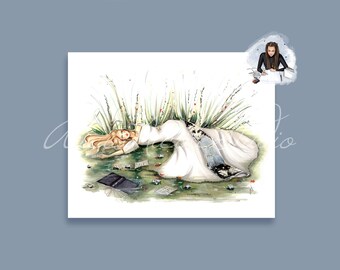 May include: Watercolour illustration of a woman in a white dress lying in water, surrounded by papers and tall grass. The woman has long blonde hair. A small inset shows a person working at a desk. The art style is soft and dreamy.