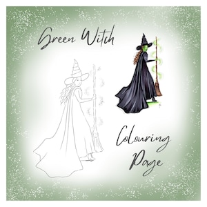 Green Witch Coloring Page: Hand-Sketched Art Template (Digital Download, JPG & PNG Files)
