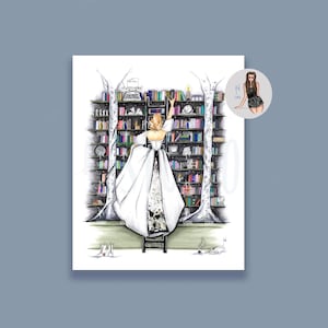 May include: A woman in a white dress reaches for a book on a tall bookshelf. The bookshelf is filled with books and has a ladder in front of it. The background is a white wall with a few trees drawn on it.