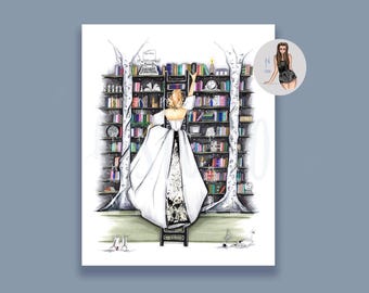 May include: A woman in a white dress reaches for a book on a tall bookshelf. The bookshelf is filled with books and has a ladder in front of it. The background is a white wall with a few trees drawn on it.