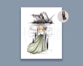 May include: A watercolour illustration of a woman in a long green dress reading a book on a wooden dock. The background shows a mountain range and a castle. The artwork is in a soft colour palette.