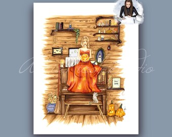 Stampa artistica "Letture di Halloween" di Evermore, stampa di illustrazioni di moda ispirate a epoche diverse