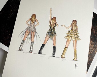 Original Fearless Trio Fashion Art, Eras Inspired Fashion Illustration