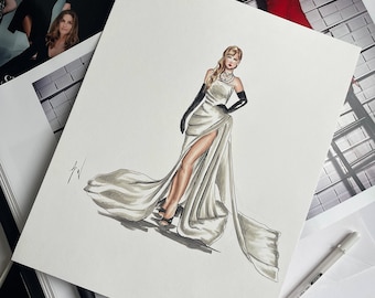 Original White Gown Fashion Art,  Grammys Inspired Fashion Illustration