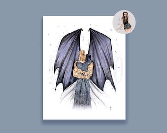 May include: A watercolor illustration of two people embracing, with a large pair of black and purple wings behind them. The wings are detailed with a subtle shimmer effect.