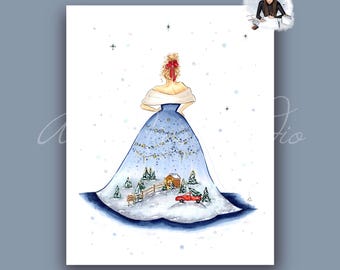Christmas Tree Farm Ball Gown Art Print, Music Inspired Fashion Illustration Print