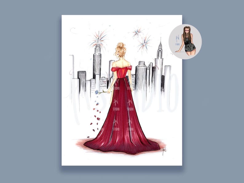 May include: Illustration of a woman in a red off-the-shoulder gown, holding a blue flower, with a New York City skyline in the background. The artwork is in a fashion illustration style, with a small inset image of a woman in a black outfit.