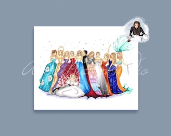 May include: An illustration featuring a group of women in a variety of colourful gowns. The dresses are diverse in style and hue, including blue, red, and orange. A woman is sketching the dresses in the upper right corner.