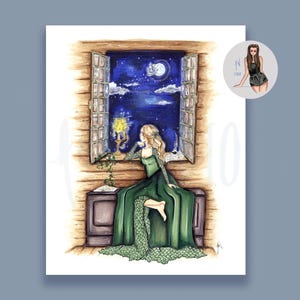 May include: An illustration of a woman in a green dress looking out a window at a night sky with a full moon. She holds a candle, and the window is open, revealing a starry sky. The artwork has a whimsical, fairytale theme.
