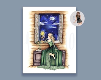 Die Frau am Fenster Kunstdruck, Eras inspiriert Modeillustration Druck