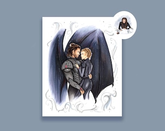 May include: Illustration of a couple embracing, with the man featuring large black wings. The man wears dark armor with red accents, while the woman is in a black outfit. The artwork is surrounded by a white and gray decorative border.