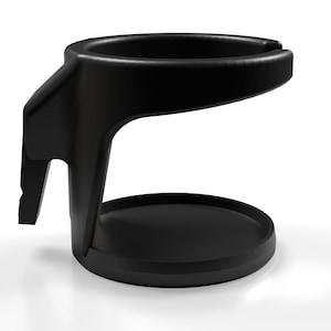 May include: A black, modern-style cup holder with a circular base and a curved top. The holder has a unique design with a side support and a slot for a handle. The product is made of a solid, matte material.