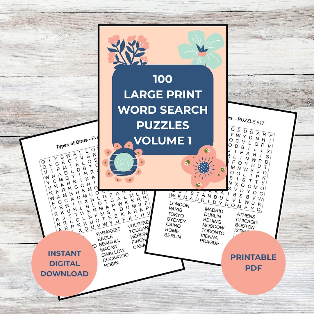 Word Search Book 100 Puzzles Large Print, Printable PDF Vol.1 Instant ...