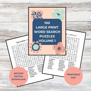 Word Search Book 100 Puzzles Large Print, Printable PDF Vol.1 Instant Digital Download, Adults Seniors, Easy to Read, Brain Games for Memory