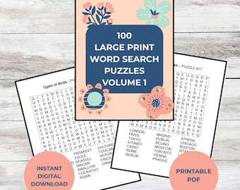 Wortsuchbuch 100 Rätsel Großdruck, druckbares PDF Vol.1 Sofortiger digitaler Download, Erwachsene Senioren, leicht zu lesen, Denkspiele für das Gedächtnis
