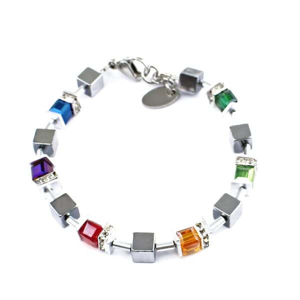 Bracelet arc-en-ciel Descadero en cristal de verre et cubes d'hématite multicolores arc-en-ciel rouge jaune vert violet bleu cubes argent avec paillettes