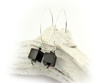 Descadero XL Designer "Black Magic" Cube Pendant Earrings with Glas Crystals 925 Sterling Silver