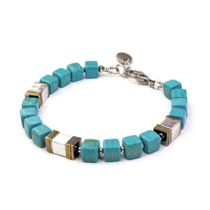 Noble cube bracelet made of turquoise with silver & gold accents - Material mix of stone and aluminum - Timeless handmade cube bracelet