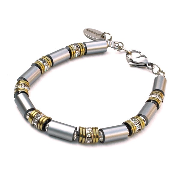 Classic Bicolor Silver Gold Bracelet - Timeless & Elegant - Aluminum Tubes Bi-Color Grey, Gold, Hematite and Rhinestone Descadero Bijoux