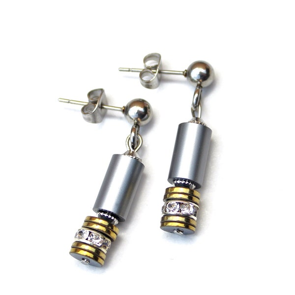 Pendientes clásicos de tubo de oro plateado bicolor - Atemporales y elegantes - Pendientes Bicolor Gris, Oro, Hematita y Pedrería Descadero Bijoux