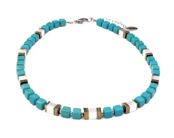 Noble cube chain made of turquoise with silver & gold accents - Material mix of stone and aluminum - Timeless craftsmanship