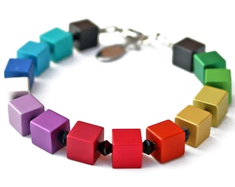 Rainbow Aluminium Cube Bracelet Bracelet Colorful Rainbow Red Green Blue Purple Orange Turquoise Cube Bracelet Cuboid Blocks Descadero Bijoux