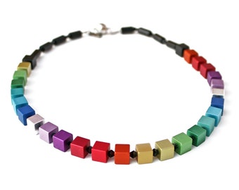 Descadero Rainbow Cube Chain Geometric Necklace Aluminum Collier Colorful Cube Rainbow Quader Angular