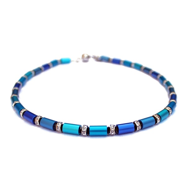 Descadero Aluminum Necklace with Rhinestone Blue Turquoise Glitter Sea Aqua Royal Blue Sea Tones Necklace Necklace Magnetic Closure Bijoux