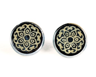 Stainless Steel & Wood Cabochon Earrings Mandala Anti-allergenic Flower of Life Geometric Design Black Earrings