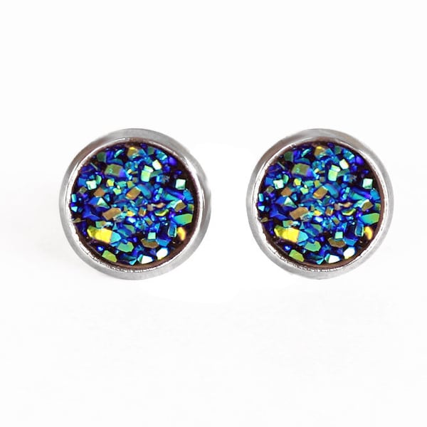 Funkelnde XS Cabochon Ohrstecker Glitzer Blau Türkis Heliotrop Edelstahl 316L Steel Ohrringe Strass Aqua Blue Rund Kreis Punkt 10 MM