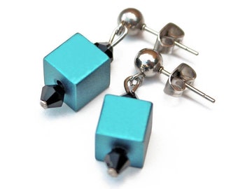 Aluminum Cube Earrings Turquoise 316 L Stainless Steel Earrings Petrol Turquoise Aqua Handmade Anodized Aluminum Cuboid Bell