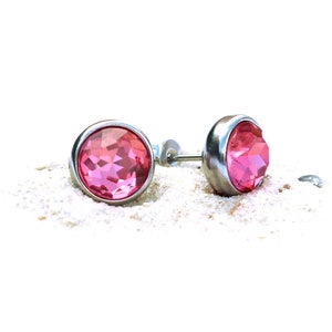Stainless Steel Earrings with 10mm Fuchsia Glass Crystals Silver Pink Pink Pink Shiny Glitter Anti-Allergic Earrings Earrings Earrings