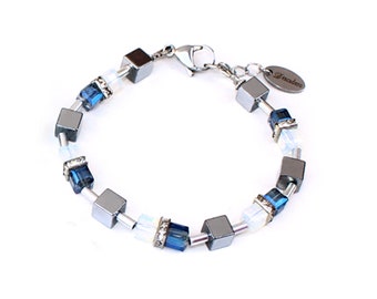 Delicate cube bracelet made of glass crystal and hematite cubes in denim blue and opal glass cube bracelet with glitter sparkling gift for you