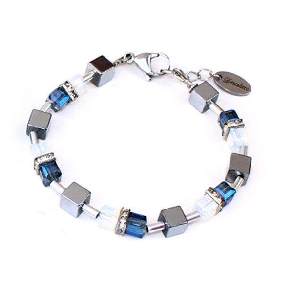 Bracelet cube délicat en cristal de verre et cubes d’hématite en bleu denim et bracelet cube en verre opale avec cadeau scintillant scintillant pour vous