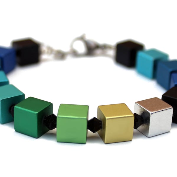 Mallorca aluminium kubus armband Descadero armband kleurrijke blauwe zwarte groene zilver gouden turquoise kubus armband kubusvormige blokken